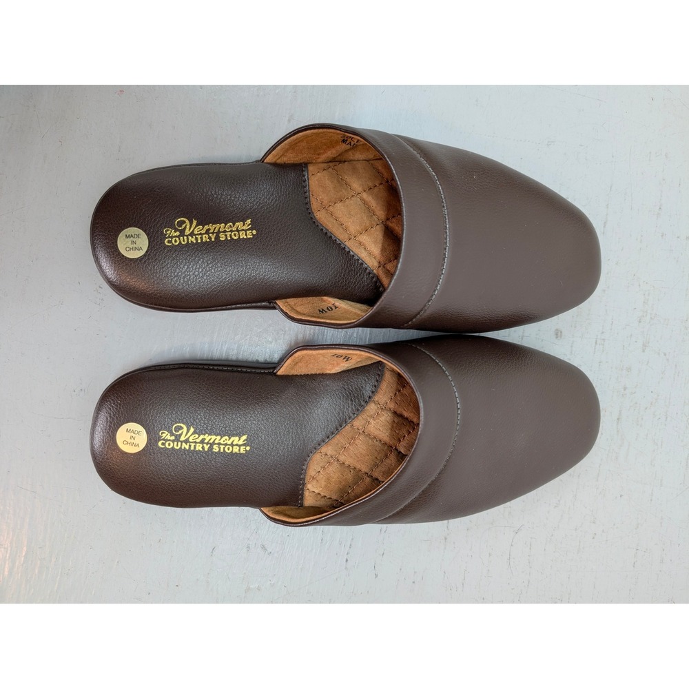 Vermont Country Store Men's Brown Leather Slip-On House Slippers Size 10W NWOT